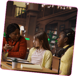 women talking to a girl in a library illustration